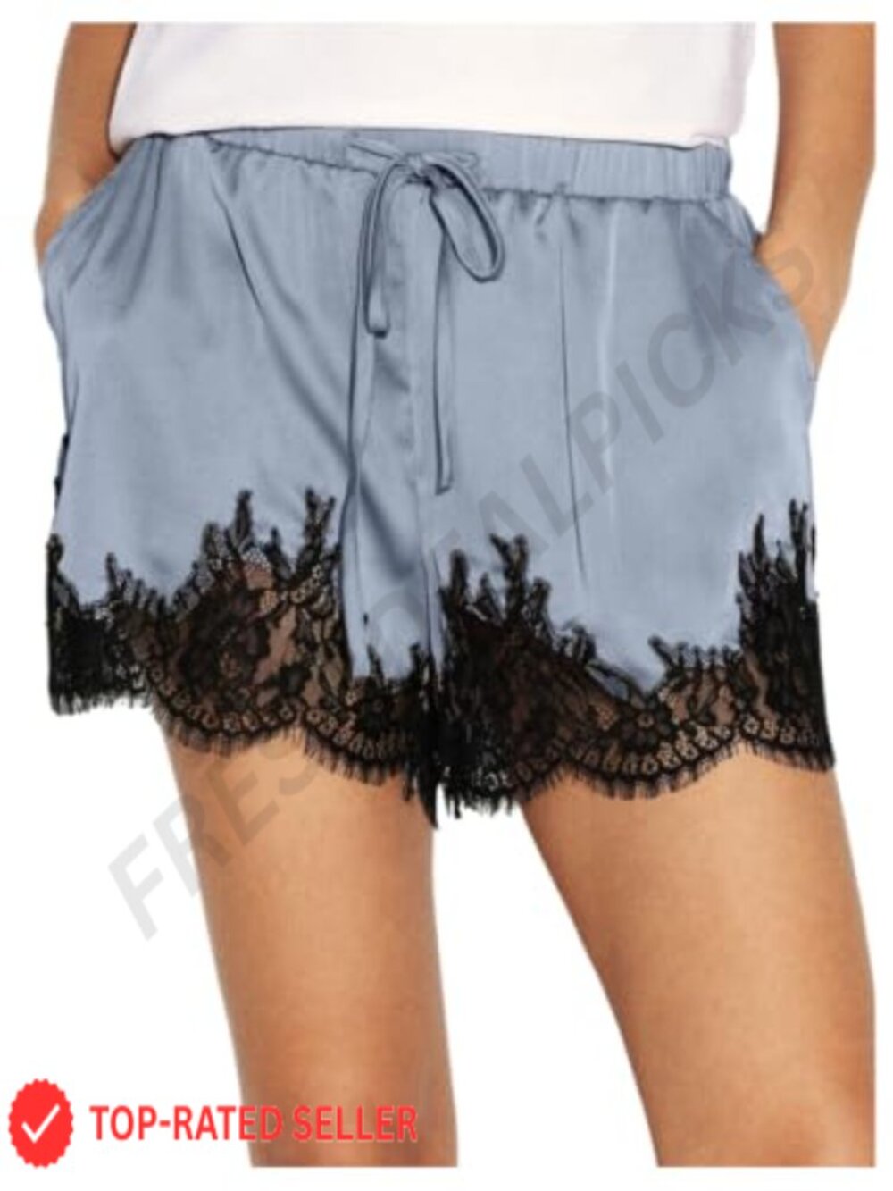 Satin Lace Shorts Drawstring Waist Pockets Scallop Trim Mini Shorts